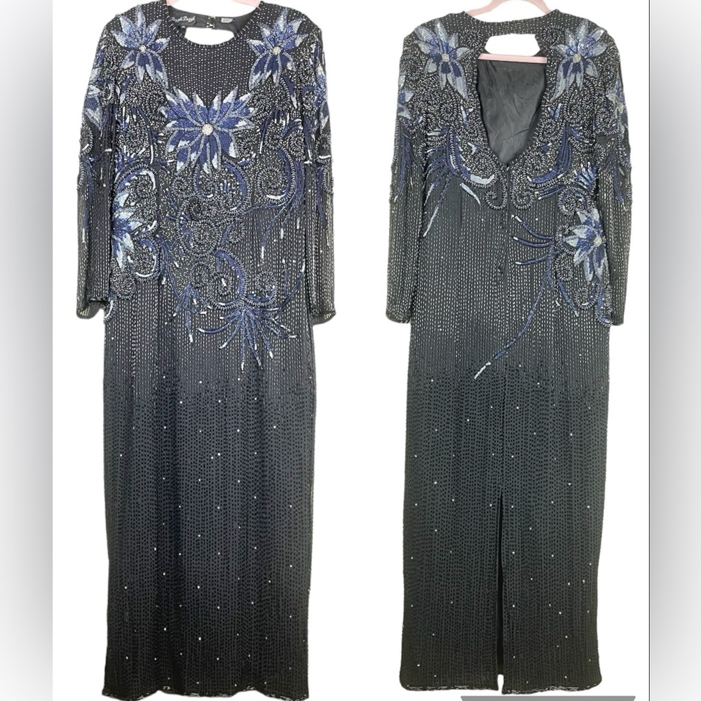 Vintage Razzle Dazzle 100% Silk Long Beaded Black Cocktail Dress Sz 14